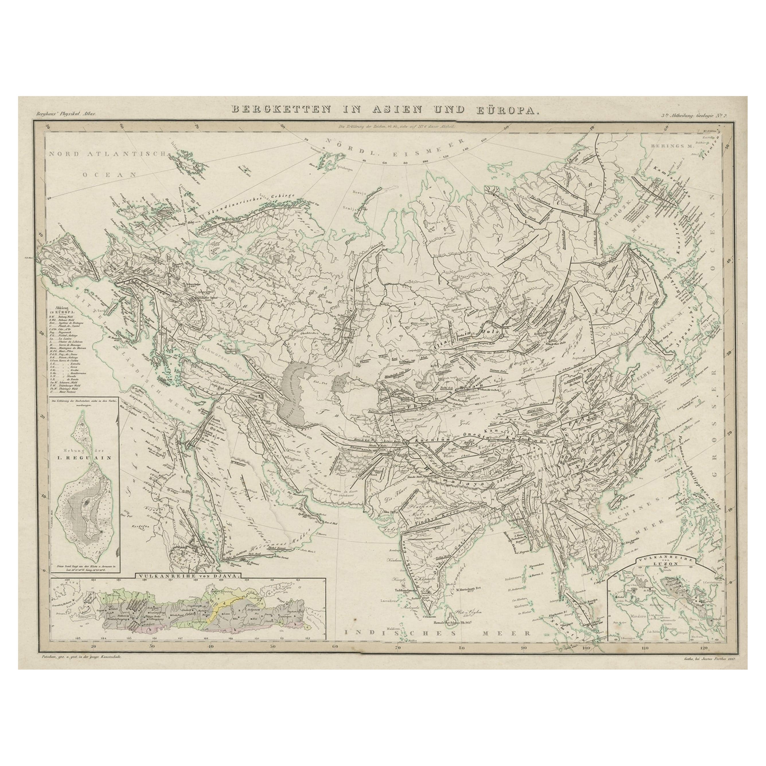 Original Antique Map Showing the Mountain Ranges in Asia and Europe, 1849 For Sale