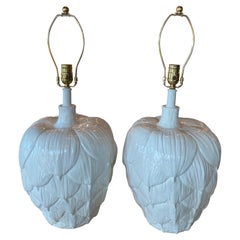 Vintage Pair of Large Ceramic Artichoke White Table Lamps Newly Restored