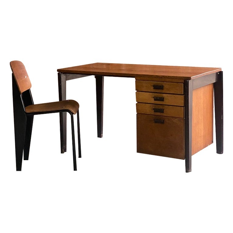 Jean Prouvé Dactylo Desk No. BD 41 & Black Standard Chair Circa 1948 
