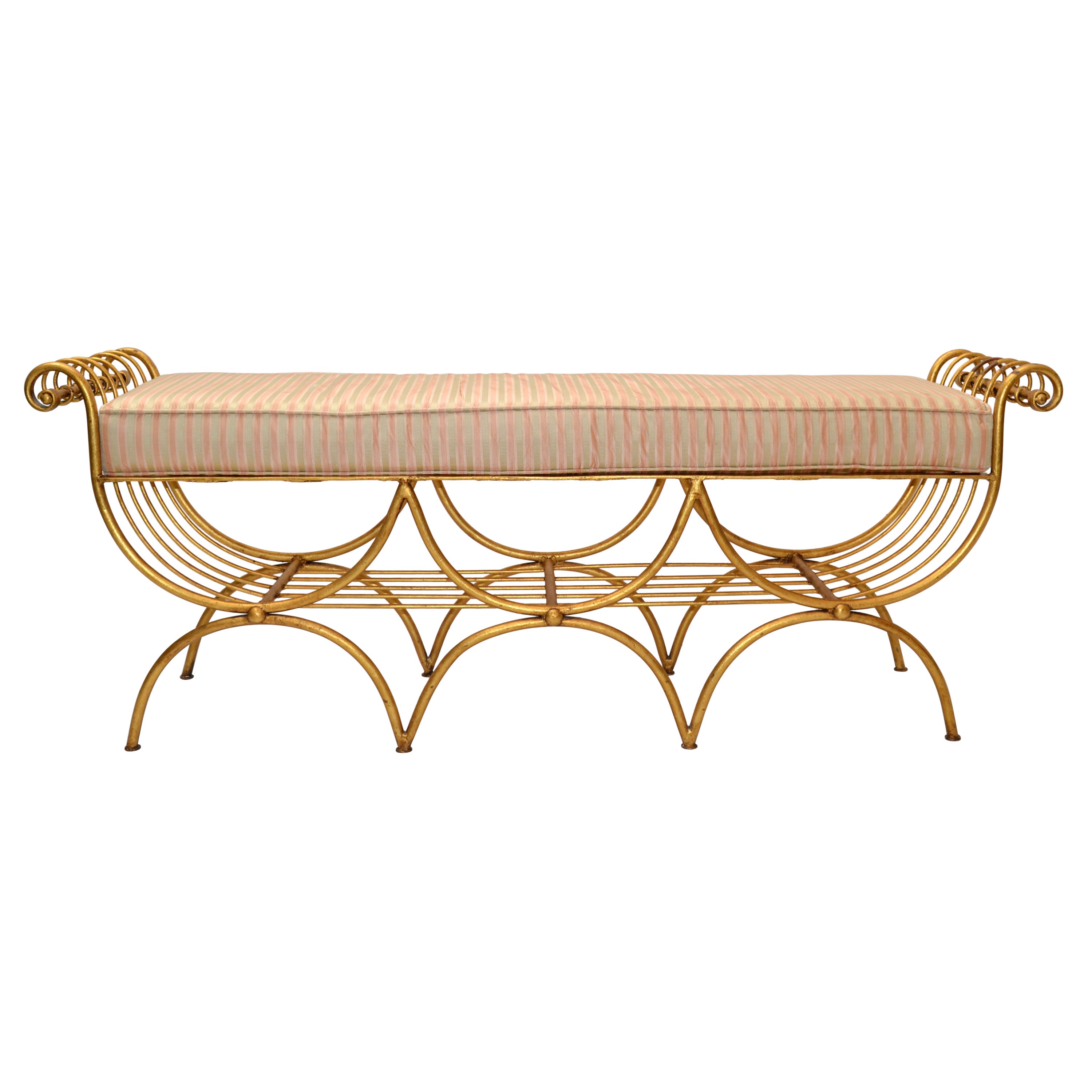 Italian Curule Gilt Wrought Iron Long Bench Original Silk Fabric Seat Cushion