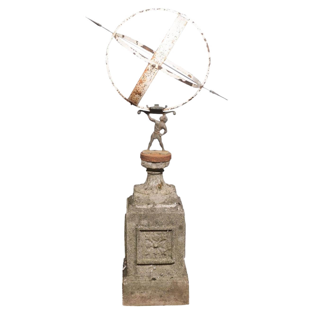 English 20th Century Iron Armillary Held by the Titan Atlas on Stone Pedestal For Sale