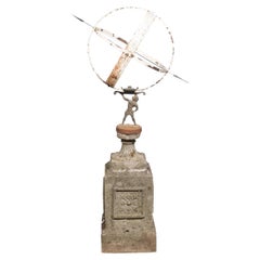 Vintage English 20th Century Iron Armillary Held by the Titan Atlas on Stone Pedestal