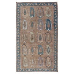 Vintage Turkish Tulu Rug with large Scale Paisley Design in Tans, Brown and Blue