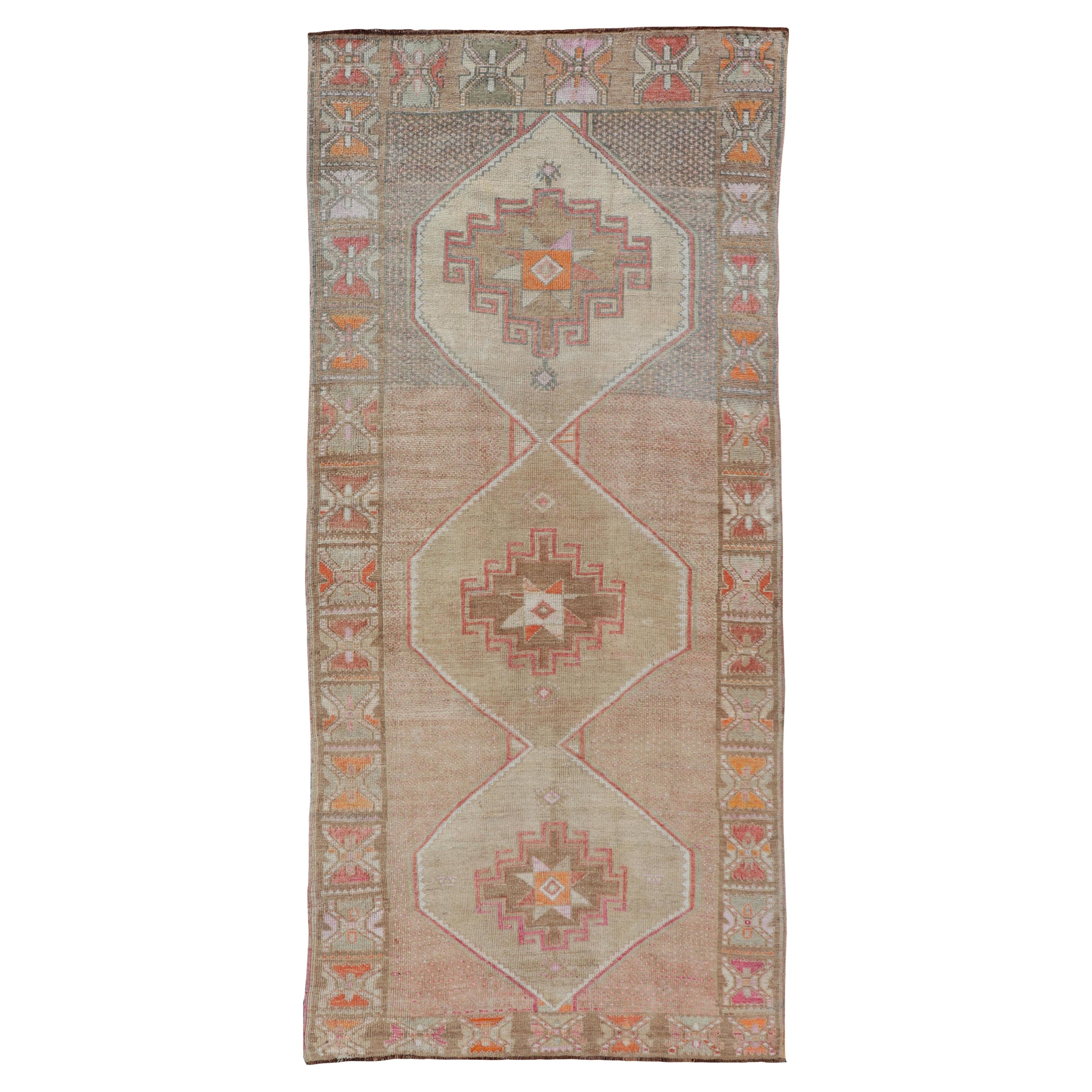 Vintage Turkish Kars Runner in Brown Color, Tan, Taupe and Soft Orange