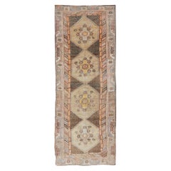 Turkish Kars Vintage Gallery Runner in Tribal Design with Charcoal & Soft Tones