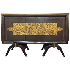Stunning Art Deco Console Table, Lacquered Panel w/ Doves, France, 1940s