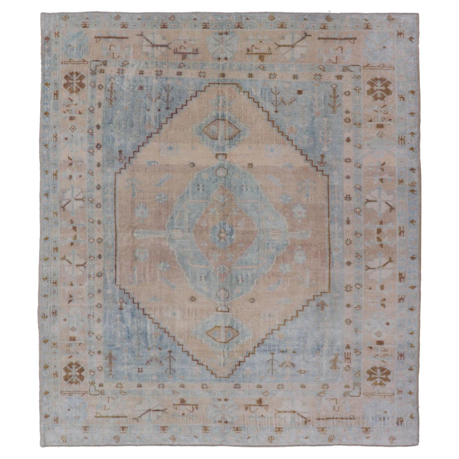 Muted Vintage Turkish Oushak Rug in Wool with Sub-Geometric Understated Design For Sale