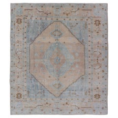 Muted Vintage Turkish Oushak Rug in Wool with Sub-Geometric Understated Design