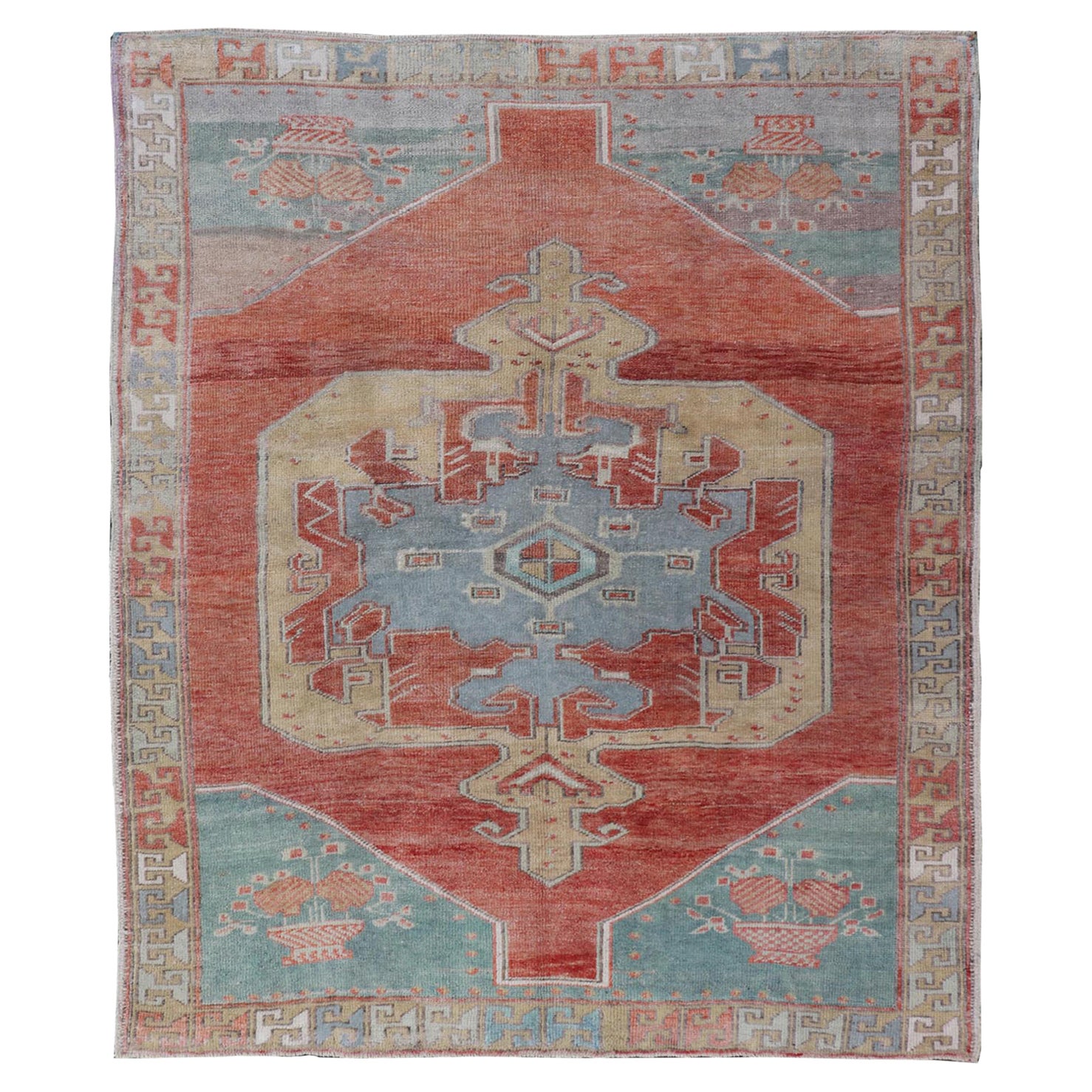 Vintage Turkish Oushak Rug with Large Medallion Design in Soft Red, Blue, Yellow For Sale