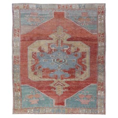 Vintage Turkish Oushak Rug with Large Medallion Design in Soft Red, Blue, Yellow