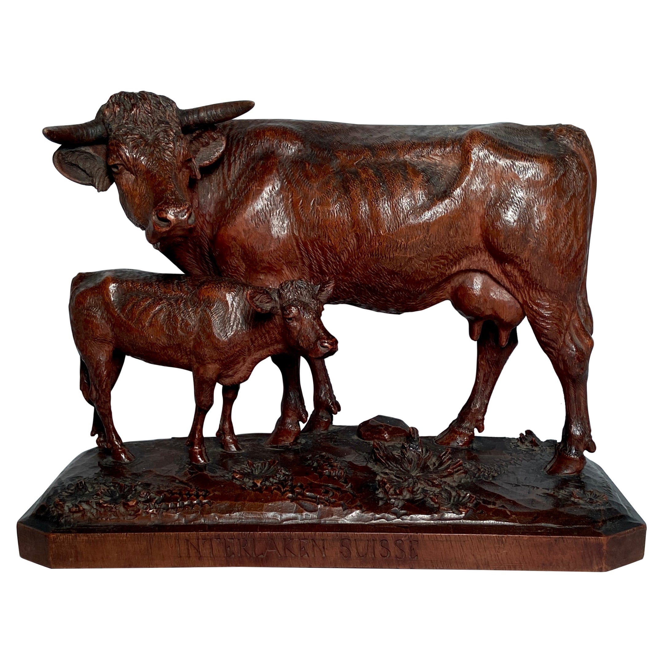 Antique Late 19th Century Swiss Master Carving of a "Cow and Calf." For Sale