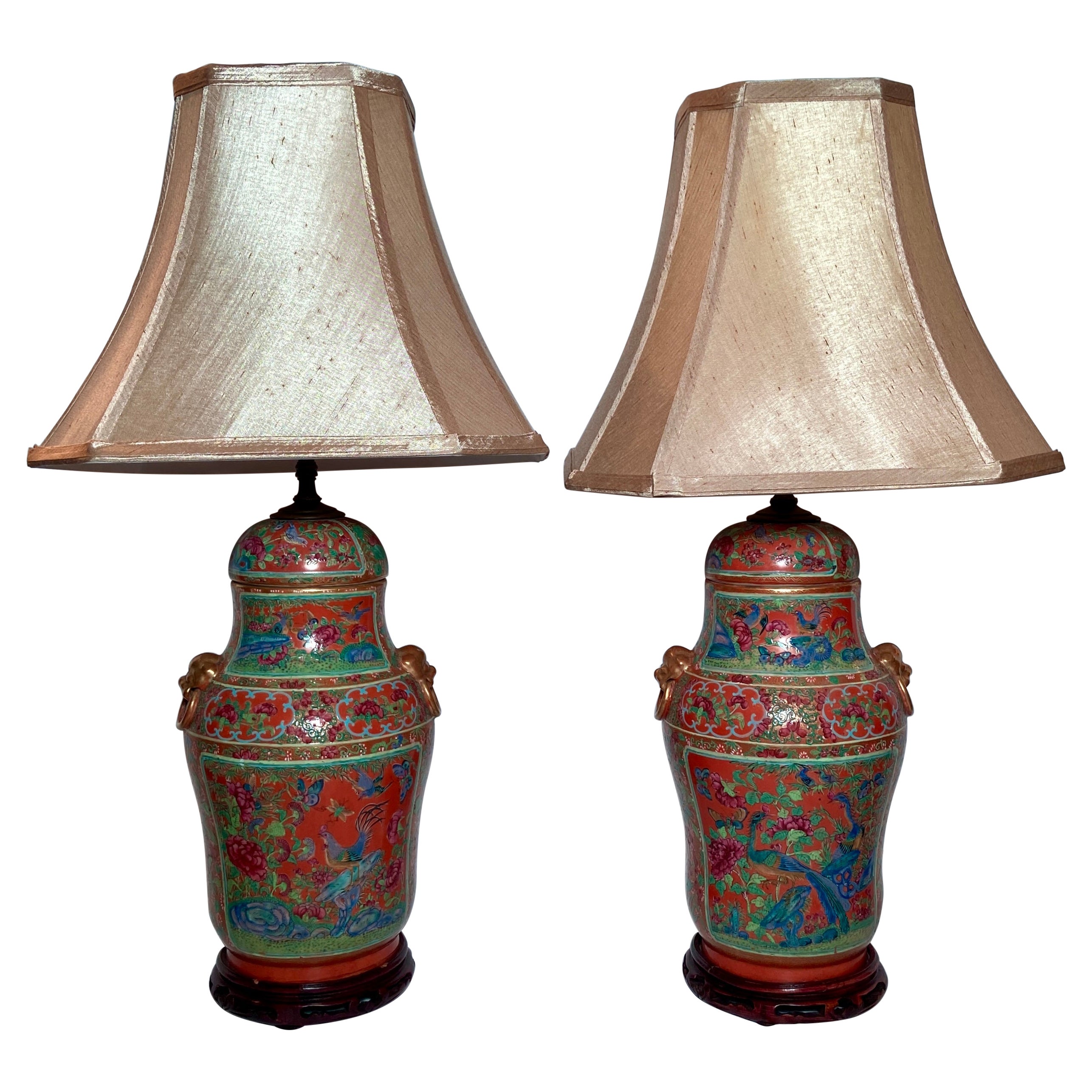 Pair Antique Chinese "Clobbered" Porcelain Covered Vases Made into Lamps.