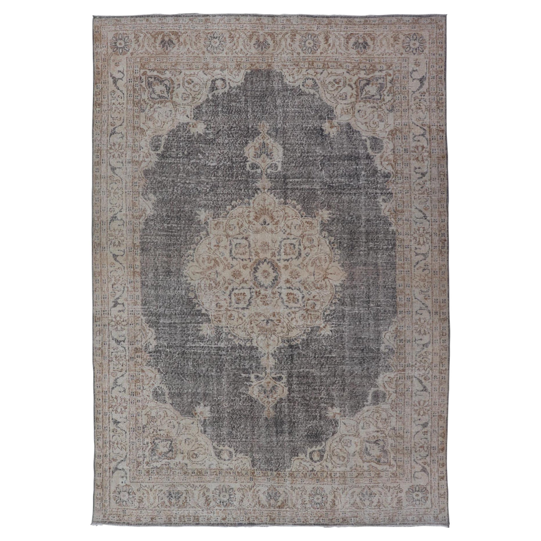 Distressed Turkish Carpet with medallion Design in Dark Gray, Lt. Brown & Cream