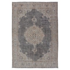 Vintage Distressed Turkish Carpet with medallion Design in Dark Gray, Lt. Brown & Cream