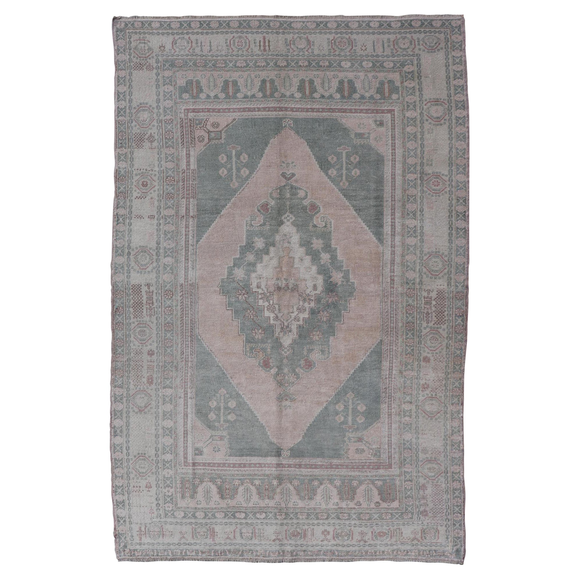 Vintage Oushak Rug in Muted Taupe, Lavender, Blush and Light Brown