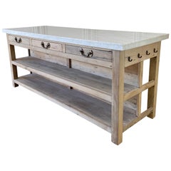 Kitchen Island aus Teakholz mit grauer und weißer Marmorplatte