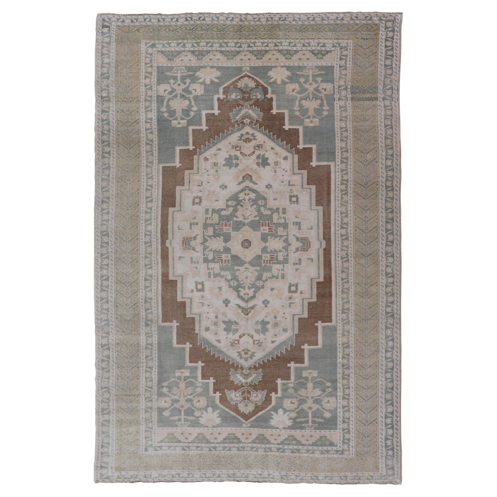 Vintage Turkish Oushak with Medallion in Taupe, Lt. Brown, Grey Blue, & Tan