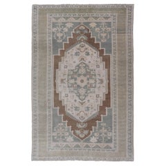 Vintage Turkish Oushak with Medallion in Taupe, Lt. Brown, Grey Blue, & Tan