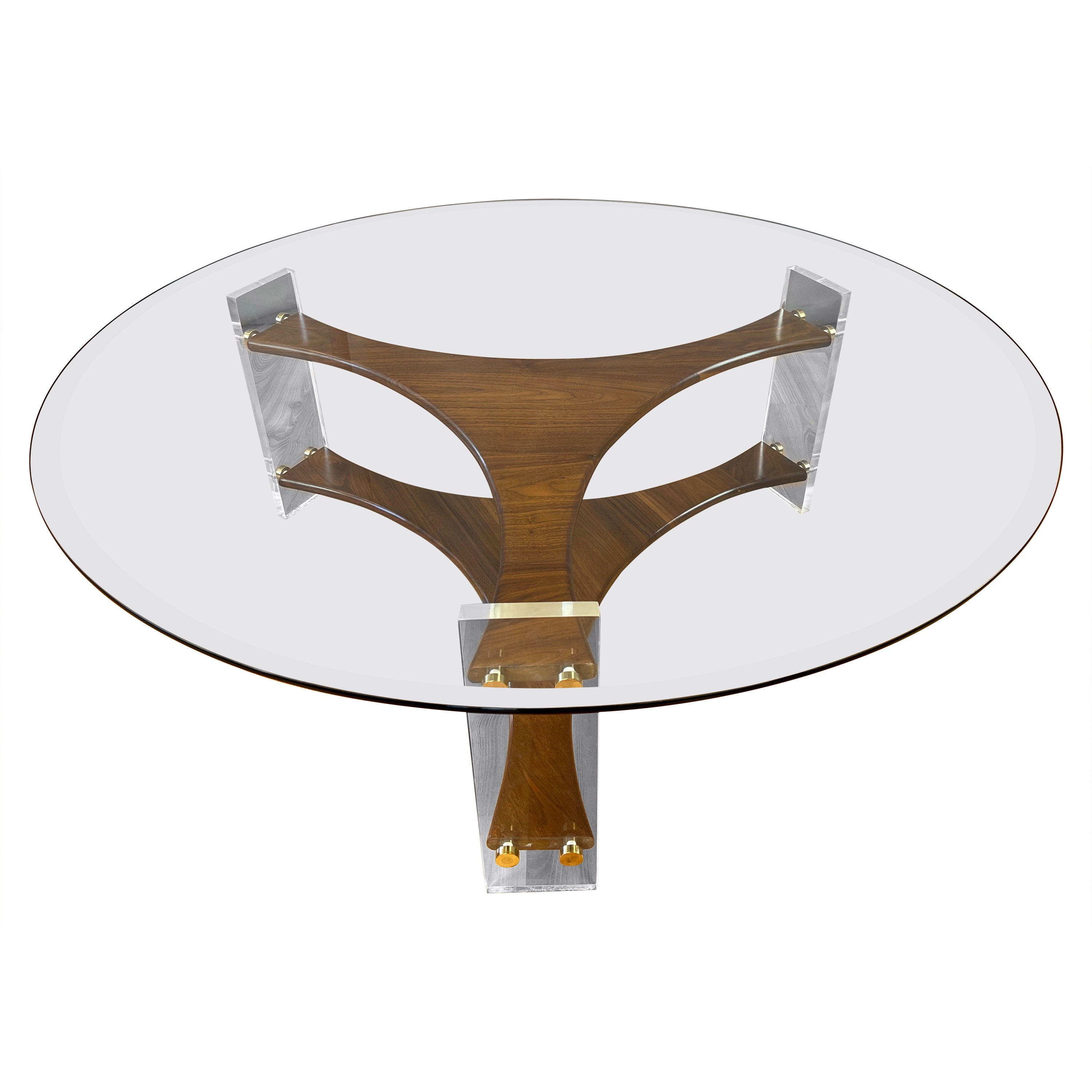 Handsome Mid-century Lucite Walnut Tri-Leg Round Glass Coffee Table