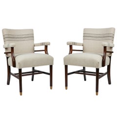 Mid Century Wood Framed Arm Chairs Newly Upholstered Pair