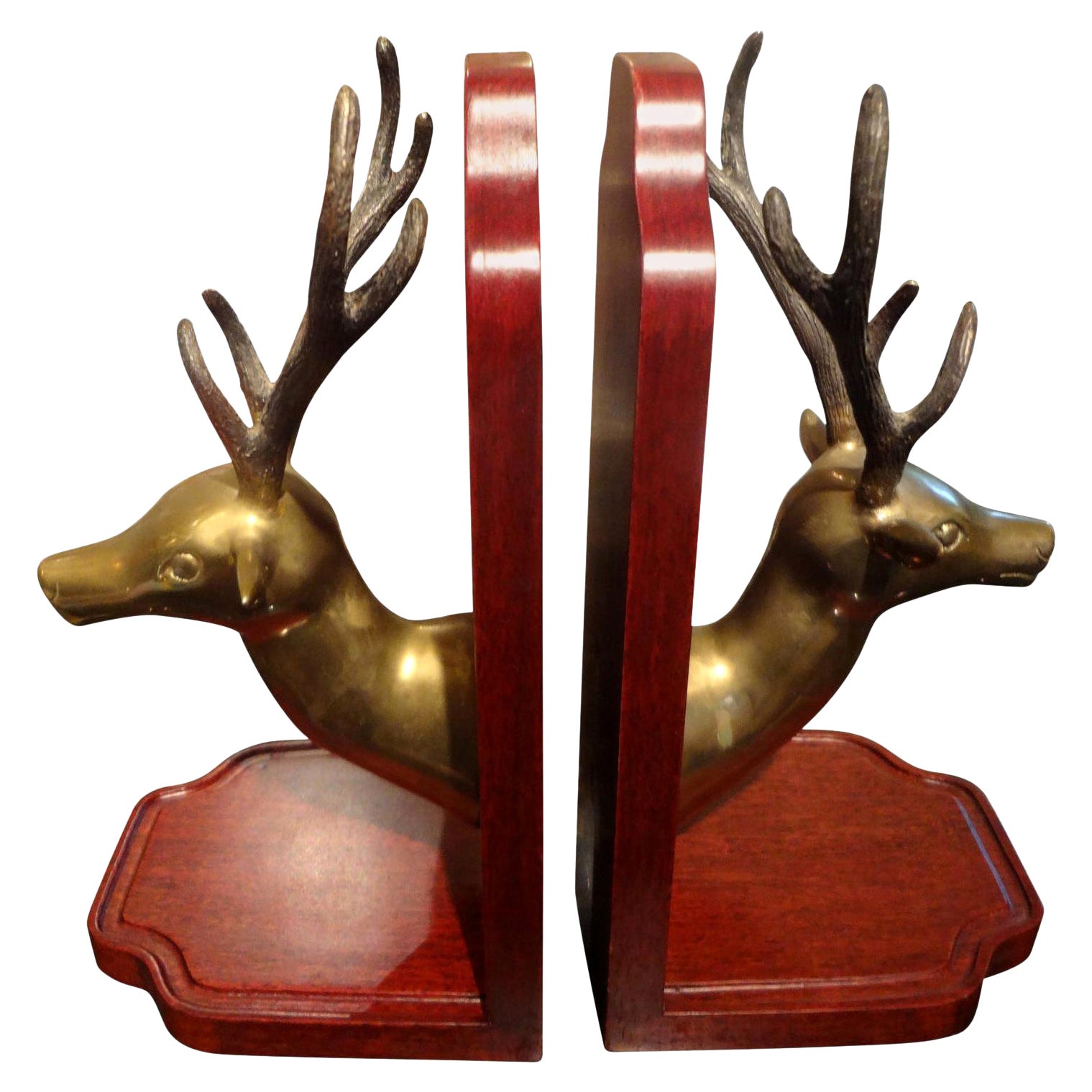 Pair of Vintage Brass and Wood Stag Bookends