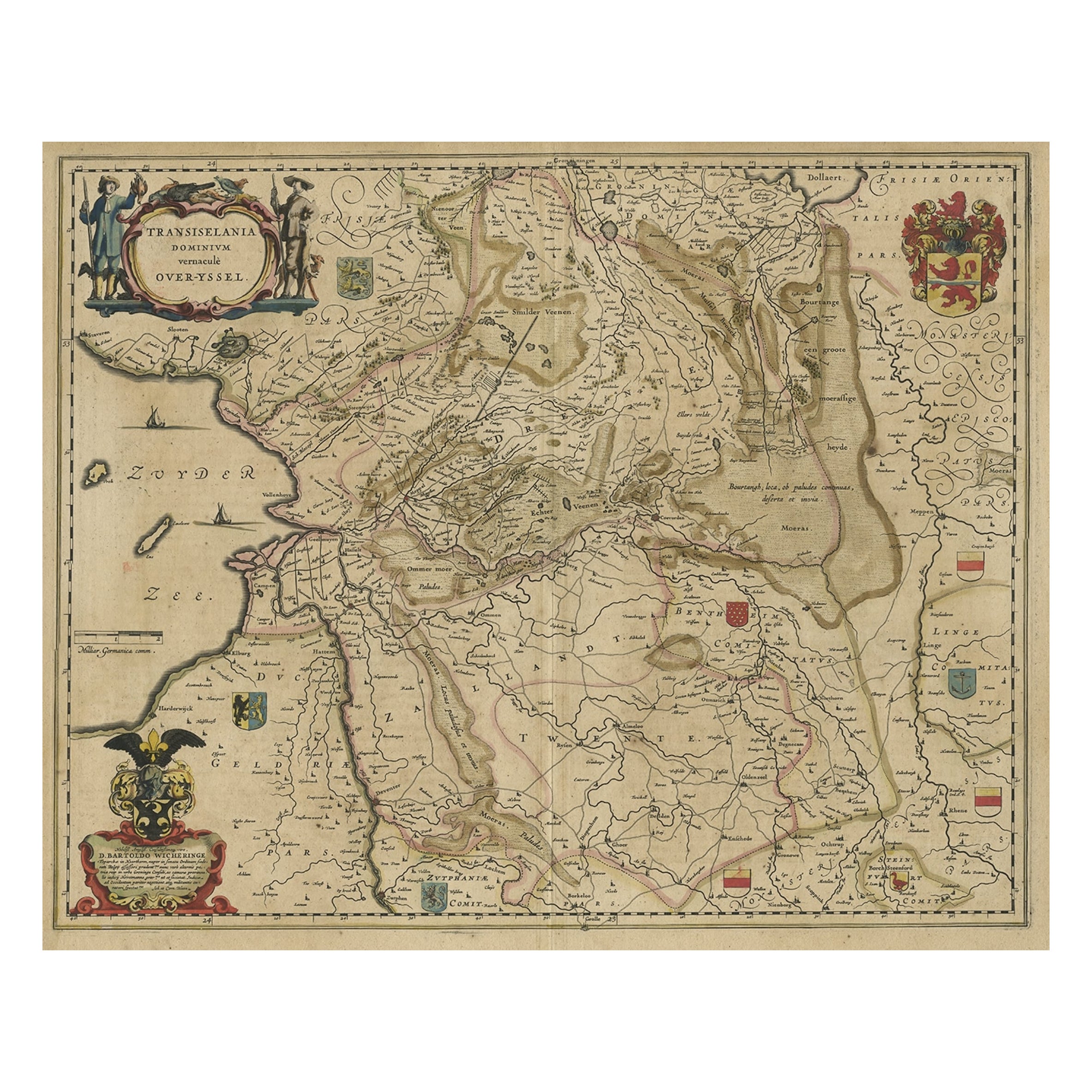 Carte ancienne originale des provinces néerlandaises d'Overijssel et de Drenthe, 1635