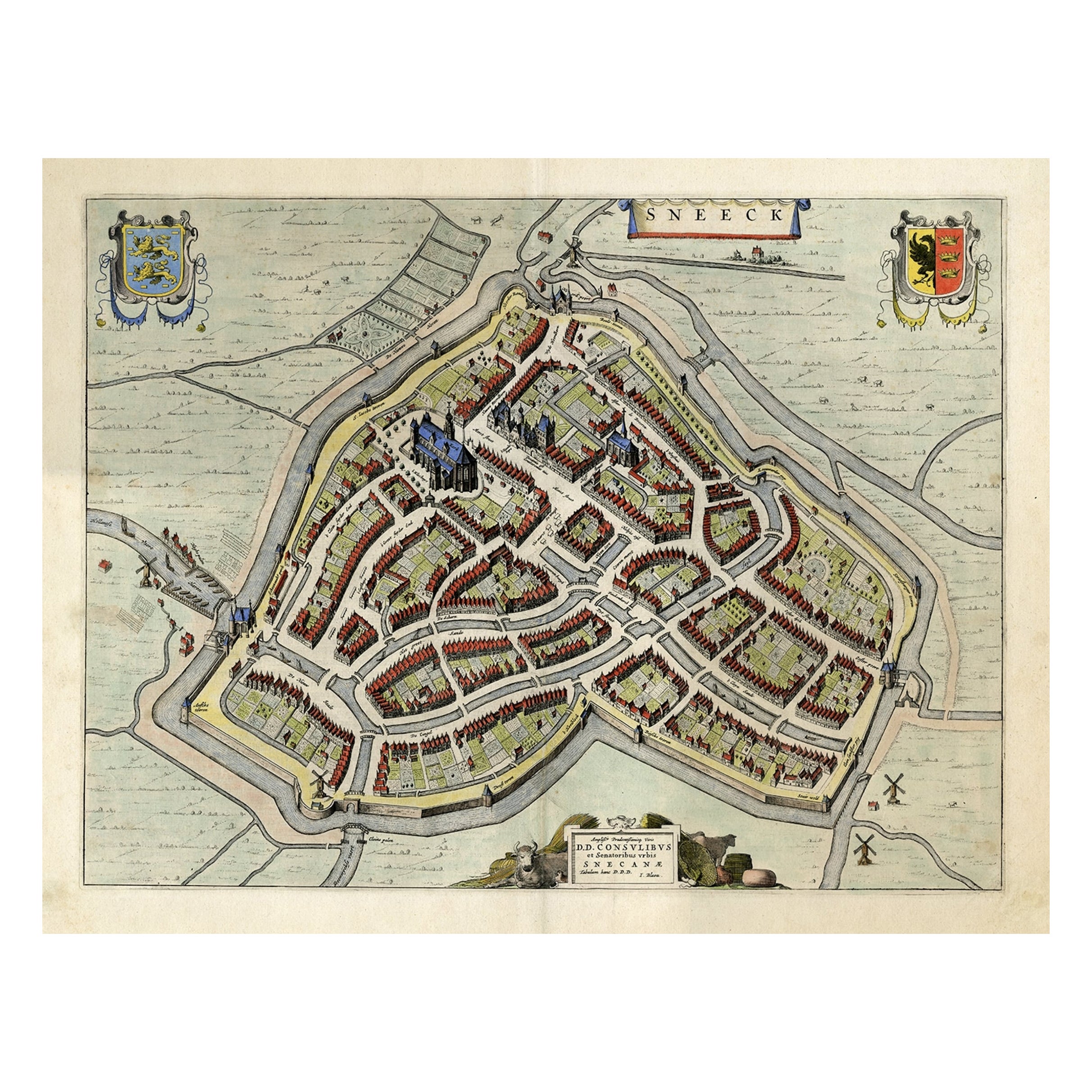Original Old Bird's-eye View plan of Sneek, Friesland, The Netherlands, 1649