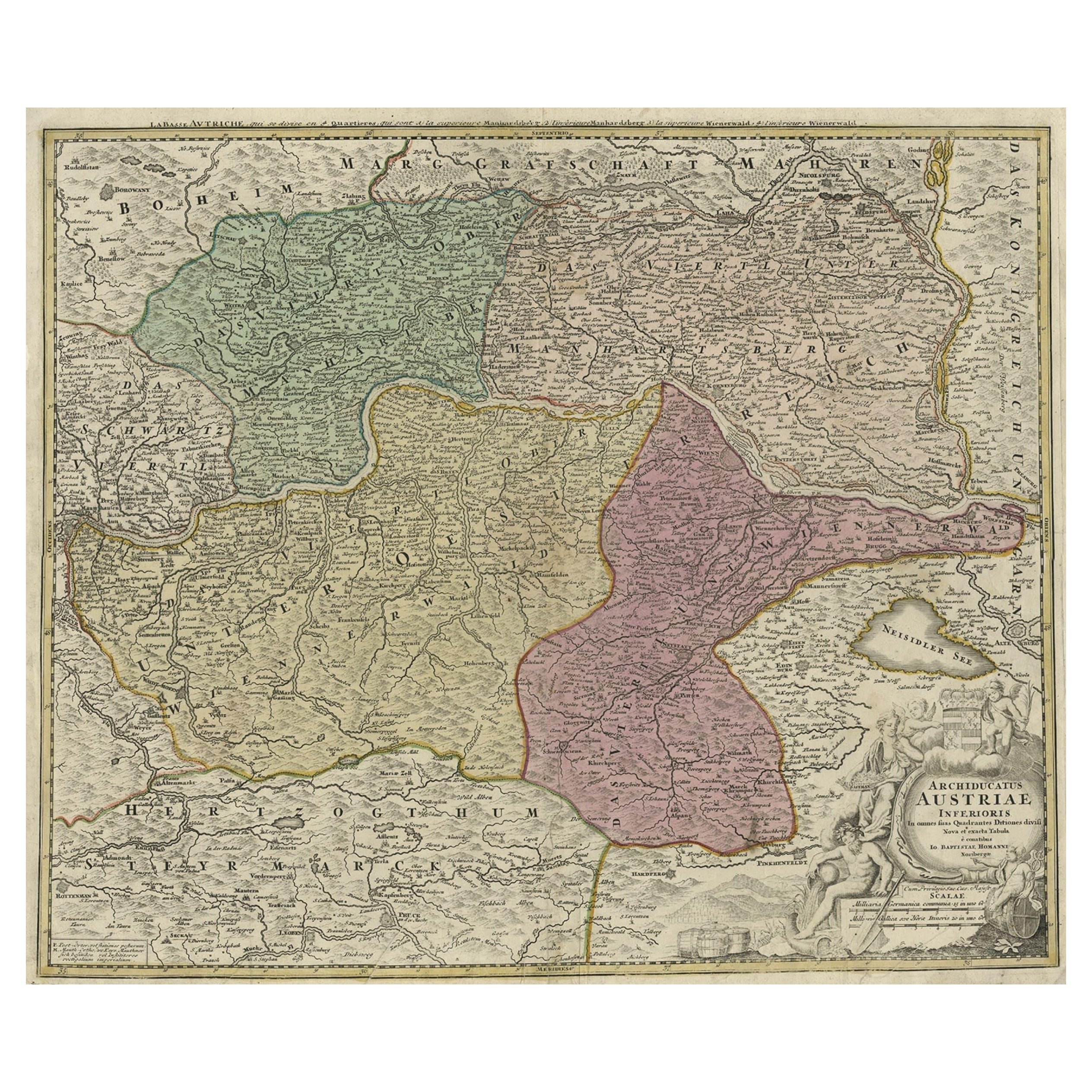 Old Decorative Map of Austria, Centered on the Danube River and Vienna, Ca.1720 For Sale