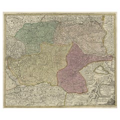 Ancienne carte décorative d'Autriche, centrée sur la rivière Danube et Vienne, vers 1720