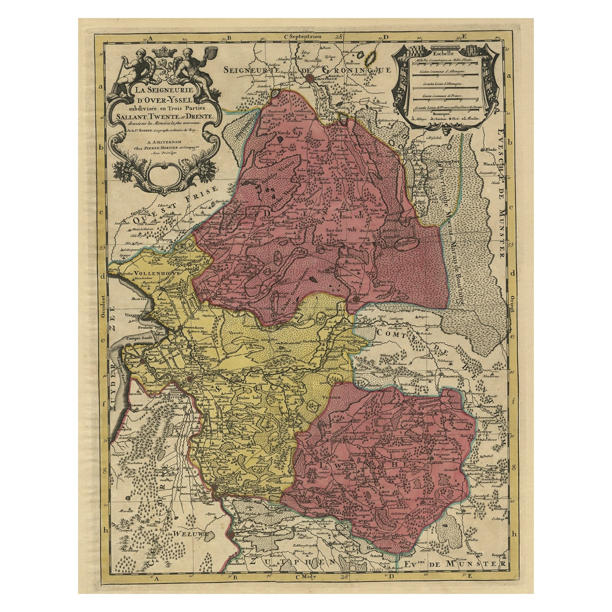 Mappa antica dettagliata della Provincia di Overijssel nei Paesi Bassi, 1700 ca.