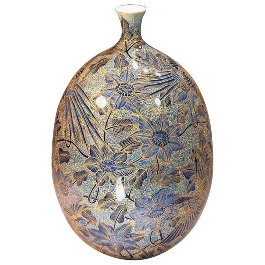 Meiji Japanese Contemporary Blue Gold Porcelain Vase by Master Artist, 2
