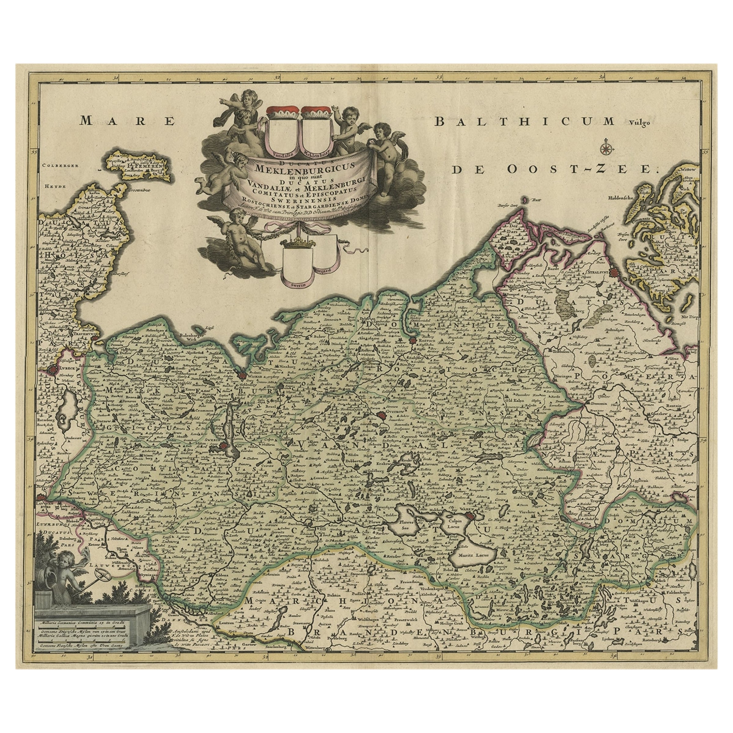 Schöne und detaillierte Karte der Herzogin von Mecklenburg und Pomerania, Deutschland, 1680 im Angebot