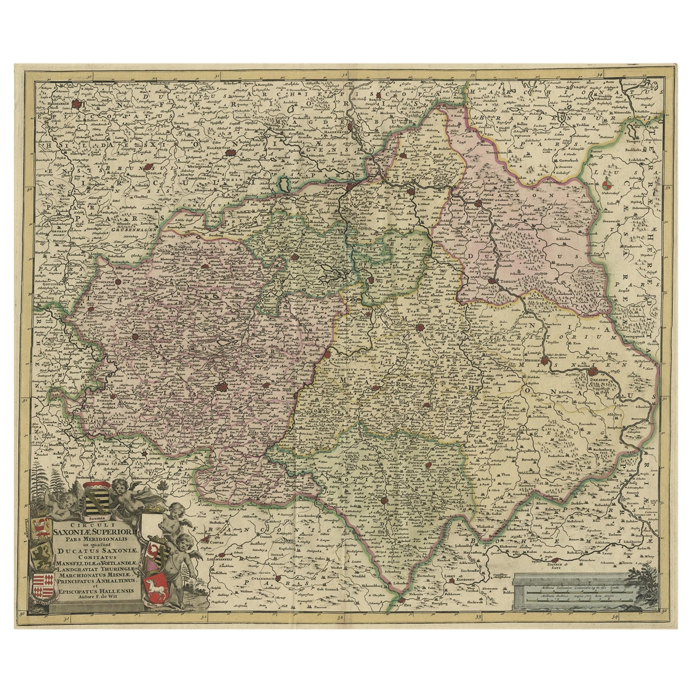 Antiguo mapa detallado de las regiones históricas del Ducado de Sajonia, Alemania, 1680
