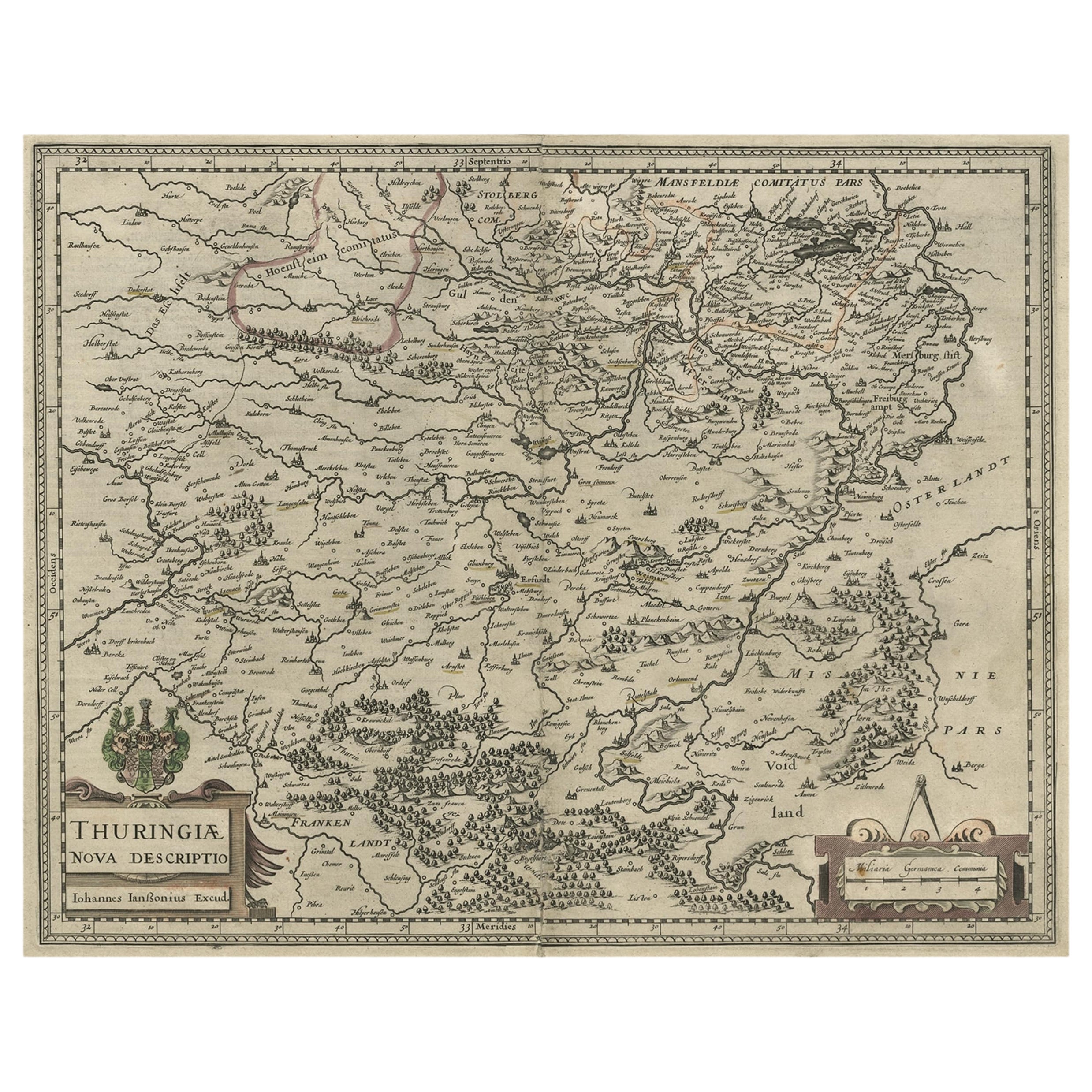 Carte originale et détaillée de Thuringia, Allemagne, par J. Janssonius, vers 1650