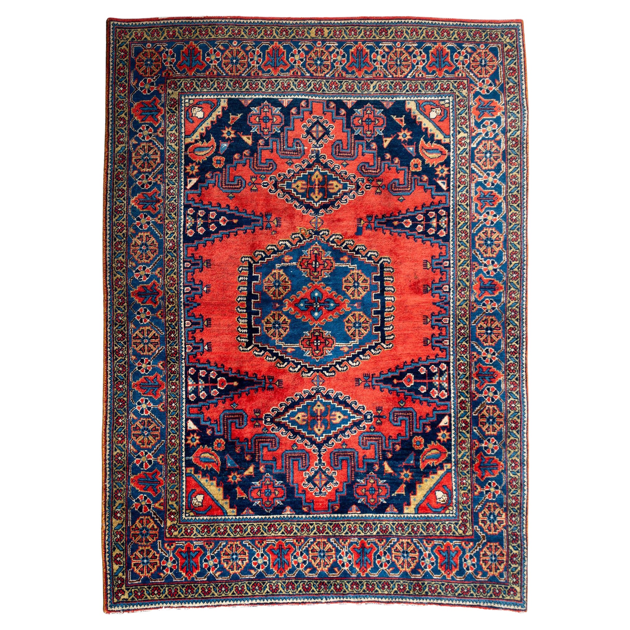 Vintage Persian Hamadan Wiss Hand-Knotted Rug Geometric Central Medallion C.1950 For Sale