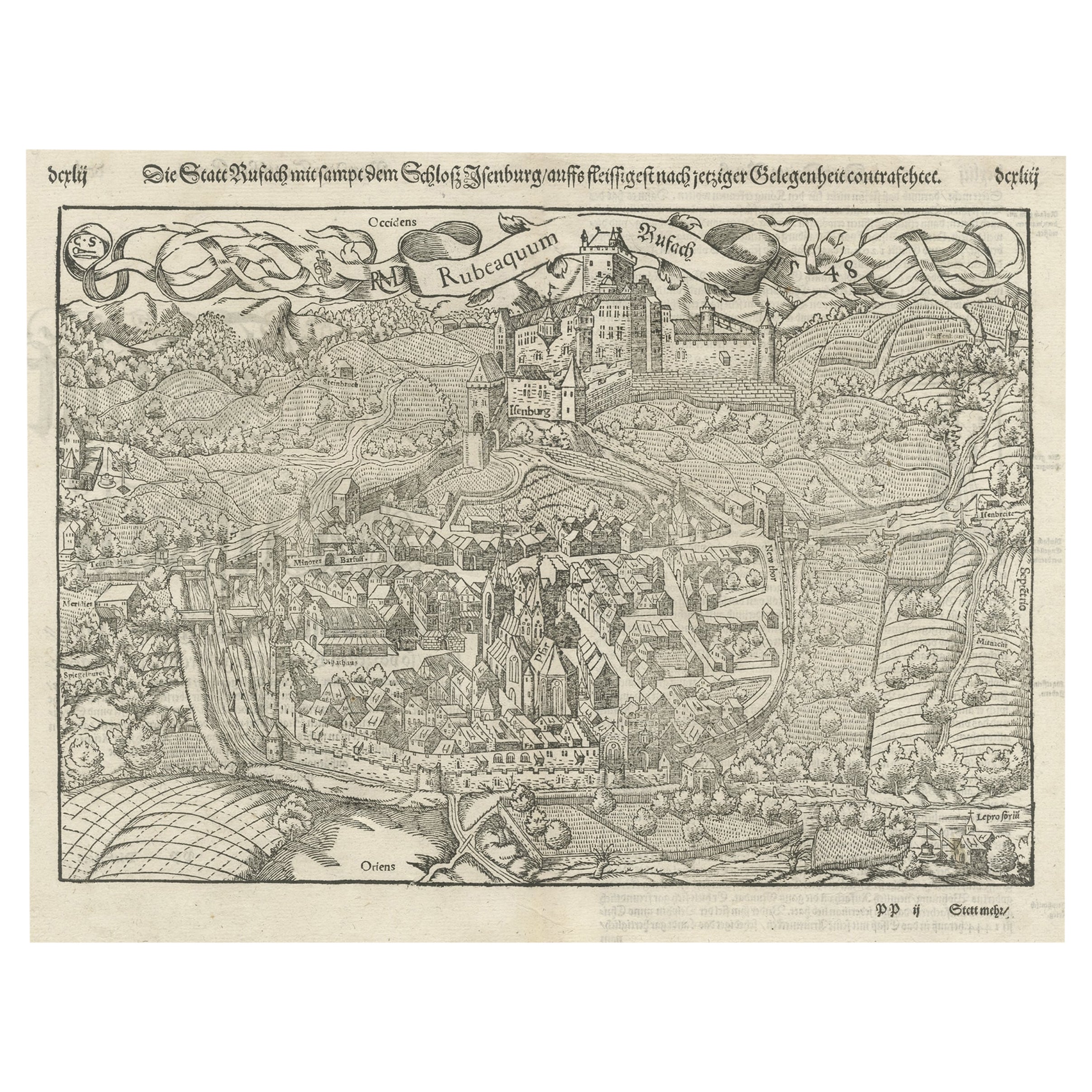 Original Antique Plan of Rouffach, France, with Chateau d'Isenbourgh, 1588 For Sale