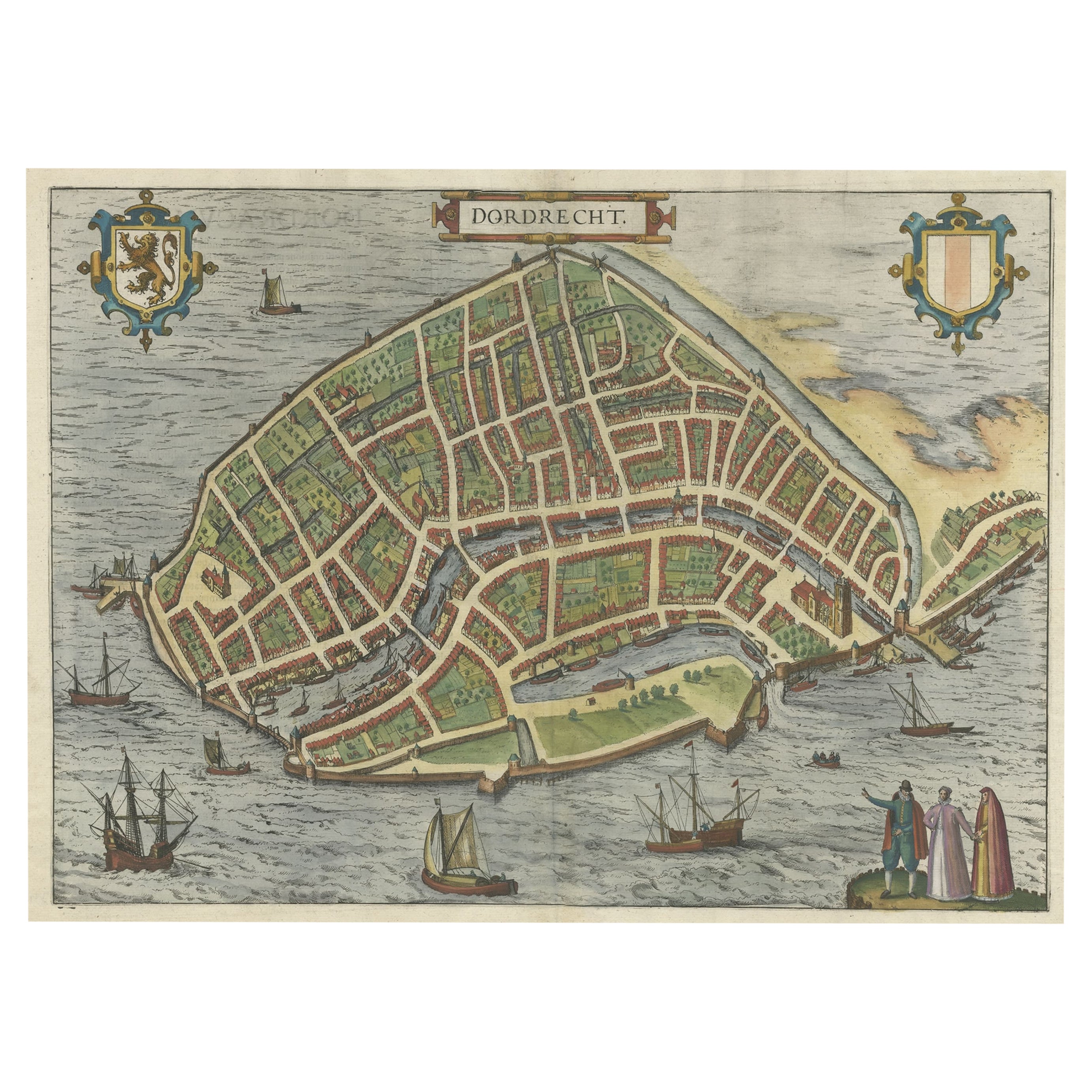 Magnifique carte dcorative ancienne de la ville de Dordrecht, Pays-Bas, 1581