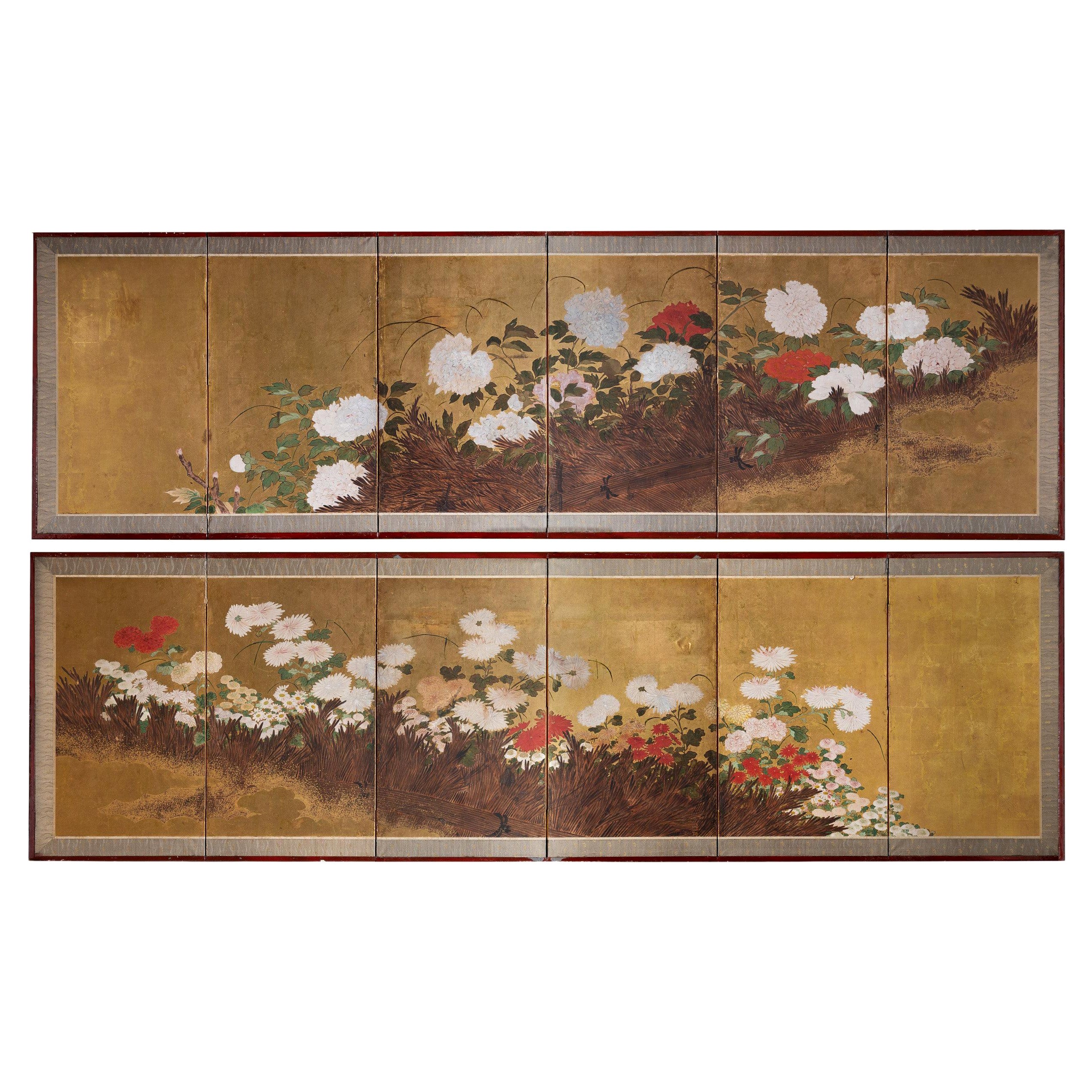 Pair of Six-Panel Folding Screens with Peonies and Other Flowers For Sale