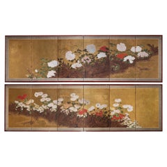 Antique Pair of Six-Panel Folding Screens with Peonies and Other Flowers