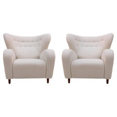 Late 20th Century White Wool and Solid Wood Pair of Armchairs, Norway