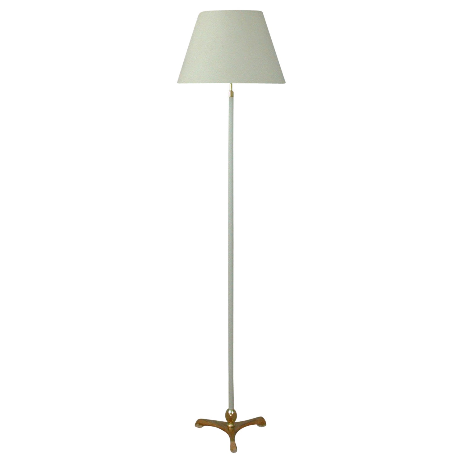Midcentury White Leather and Brass Floor Lamp by Vereinigte Werkstätten, 1950s For Sale