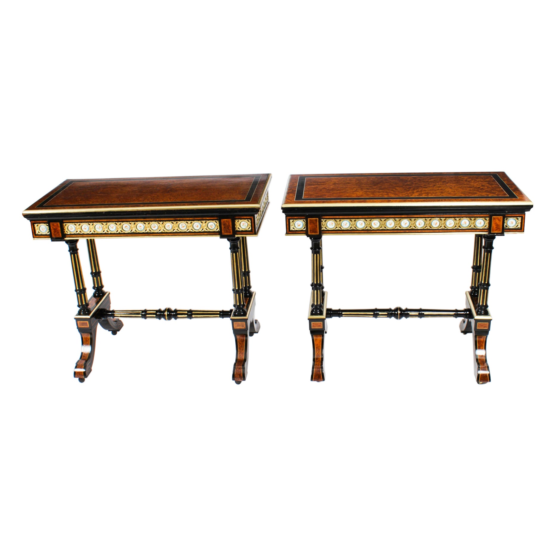 Antique Pair Amboyna Card Console Tables With Porcelain Plaques 19th Century For Sale