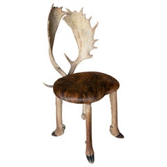 1950s Austrian Chair w/ Deer Leather Seats, Hoof Legs & Antlers Backrest