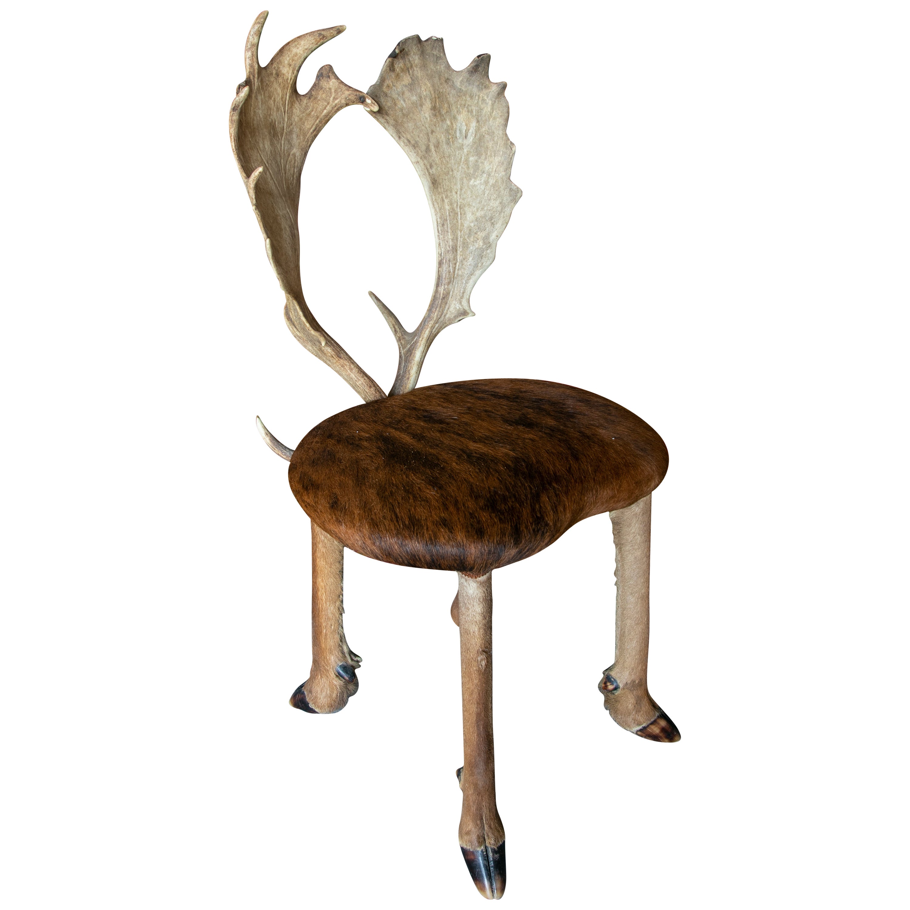 1950s Austrian Chair w/ Deer Leather Seats, Hoof Legs & Antlers Backrest