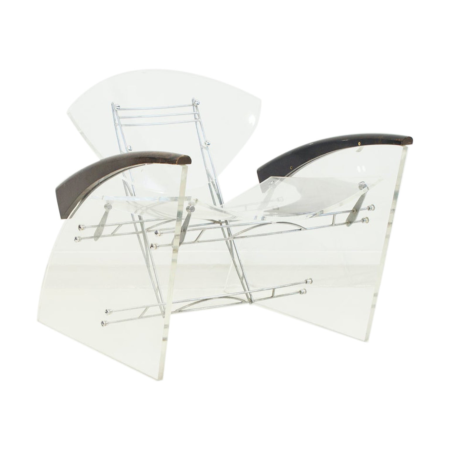 Clear Plexiglass Chair with Metal Frame and Wooden Armrests