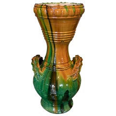 1970s Spanish Brown & Green Glazed Terracotta Ceramic Vase w/ Handles