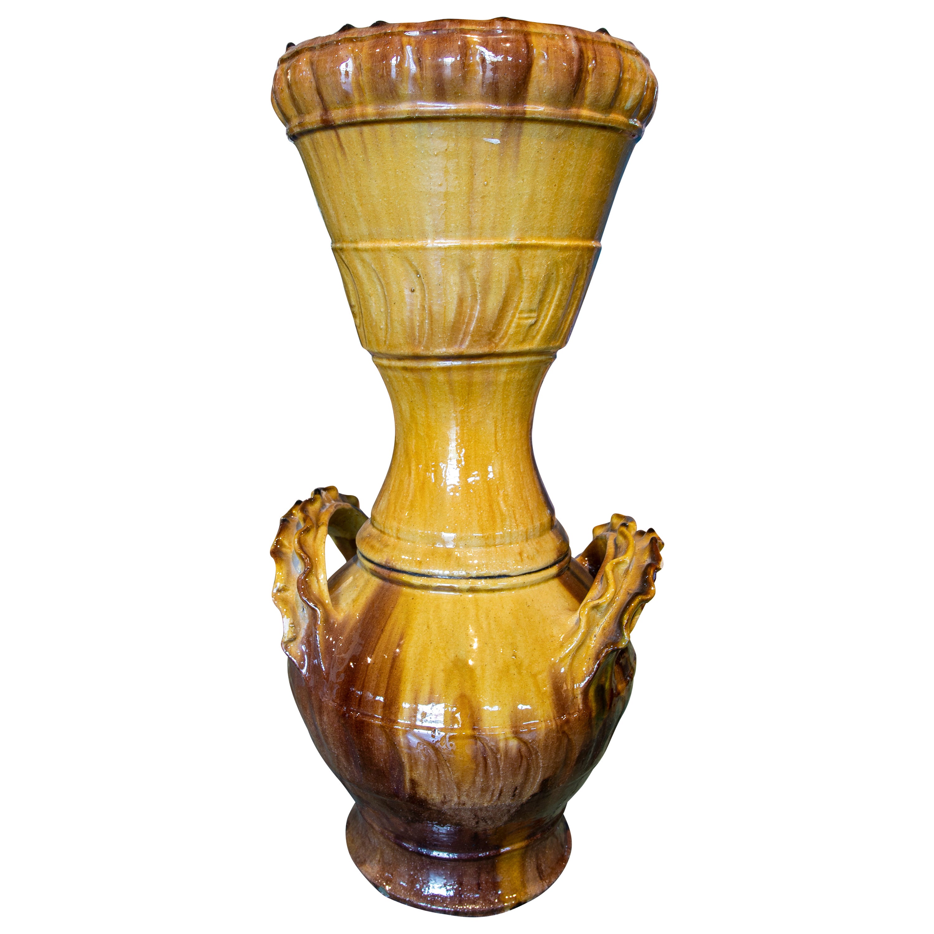 1970s Spanish Brown & Yellow Glazed Terracotta Ceramic Vase w/ Handles