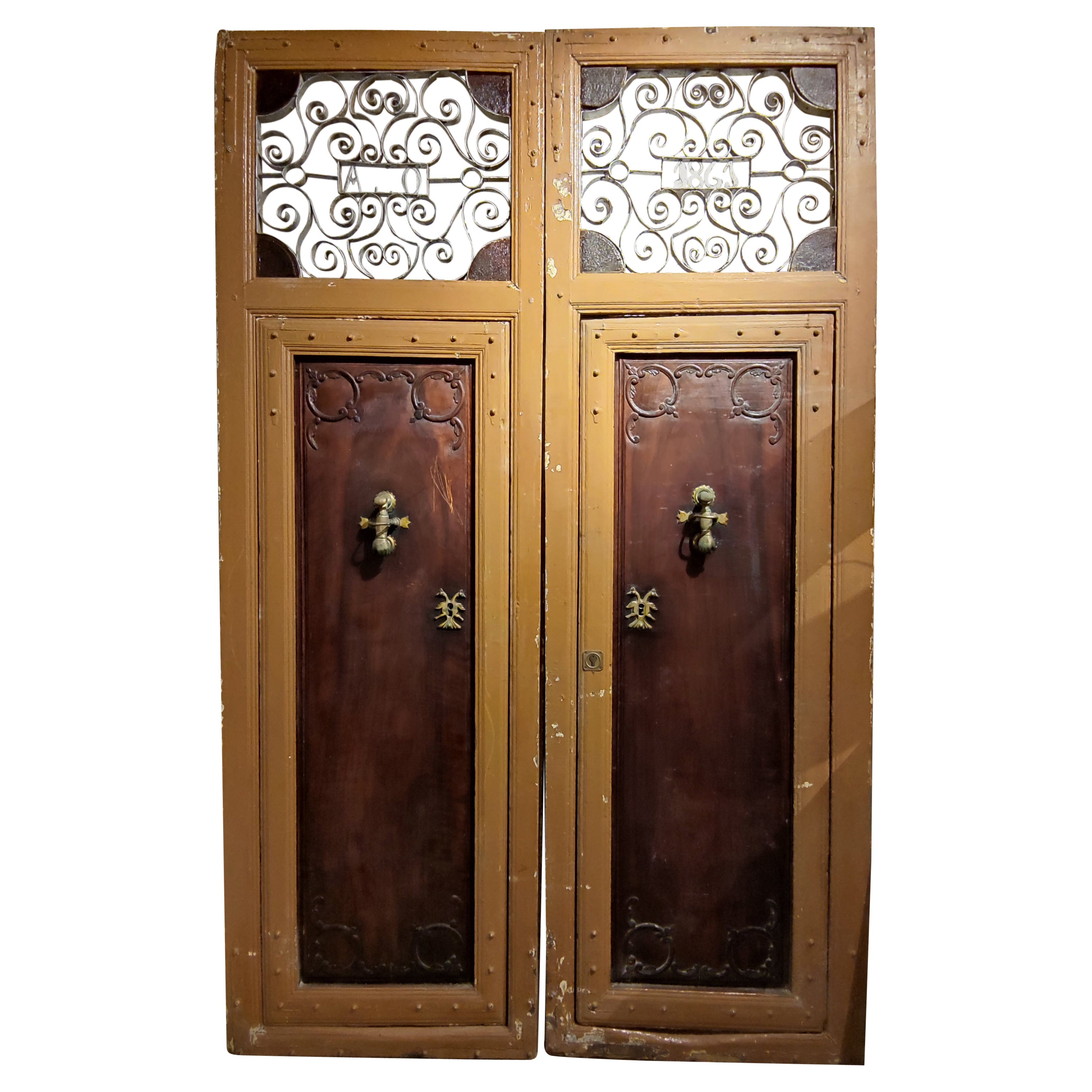 Spanish Wood Main Door 1861 Inscribed Wrought Iron Grille w/ Bronze Door Knock