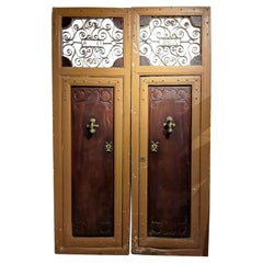 Spanish Wood Main Door 1861 Inscribed Wrought Iron Grille w/ Bronze Door Knock