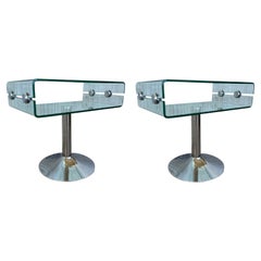 Pair of Glass Open Shelf Nightstands with Chrome Pedestal Base